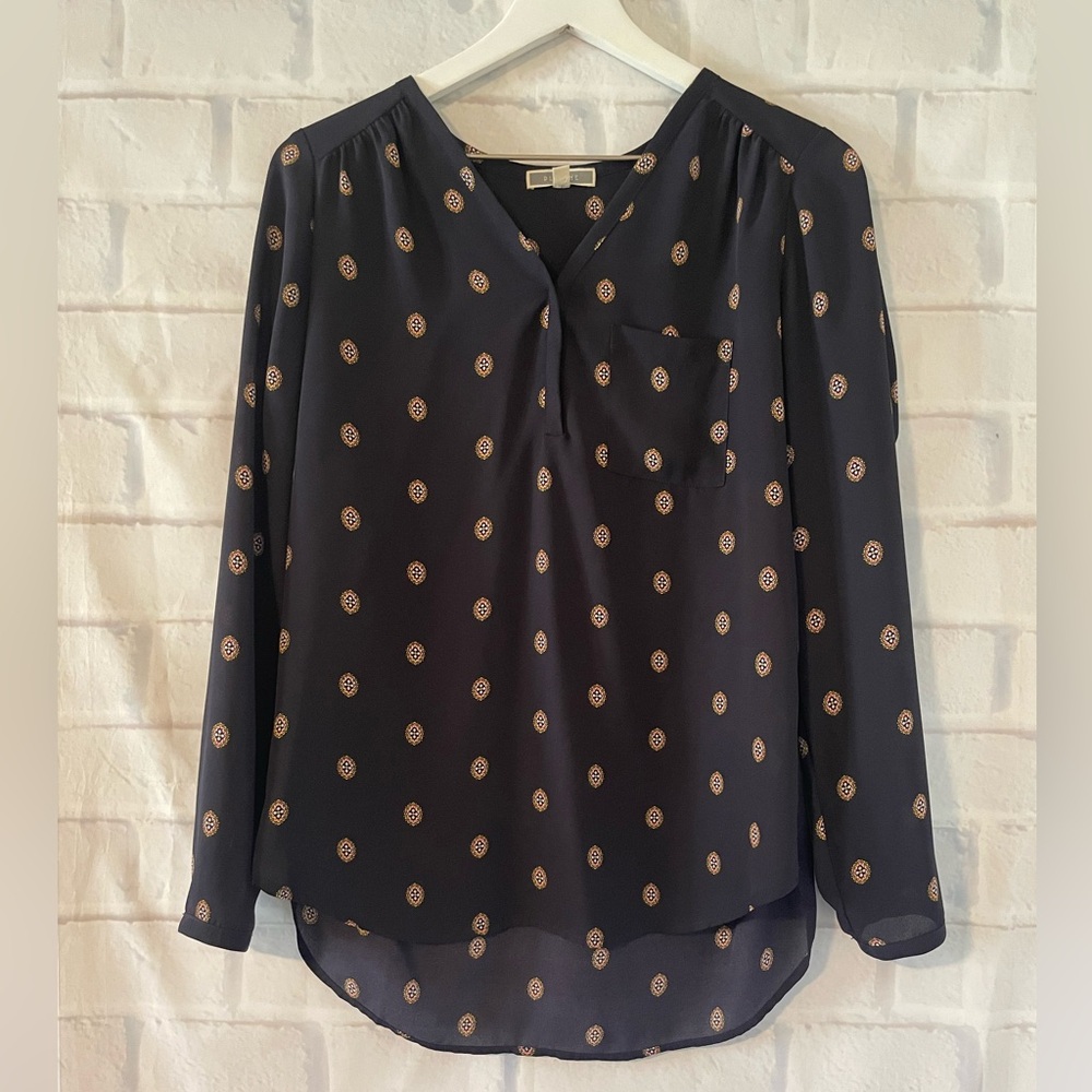 Pleione | Navy Patterned Long Sleeve V-Neck Blouse